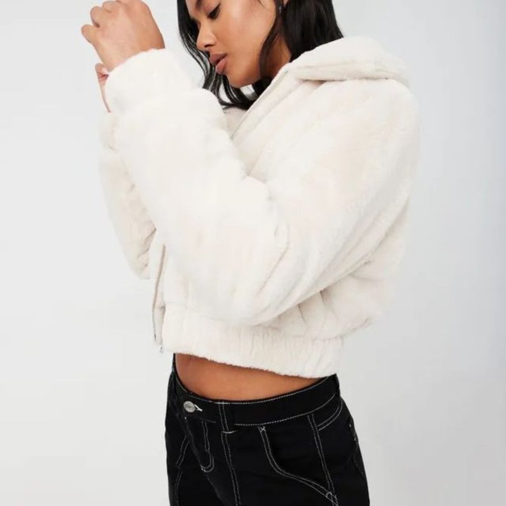 Garage Faux Fur Cream Bomber Jacket